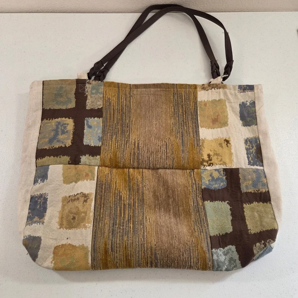 Large Patchwork Tapestry Tote Bag Boho‎ Braided Strap Blue Brown Mustard Handbag